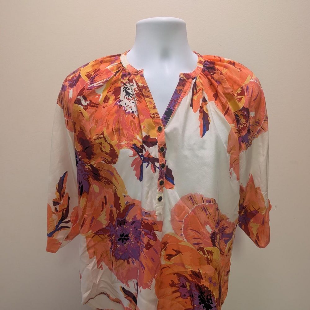 SILK Orange, purple, and white floral blouse with button-up front and 3/4 sleeve